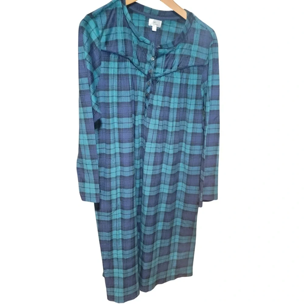 Aria Collection Women's Plaid Sleepshirt‎ Tunic L Blue Green Long Sleeve Button